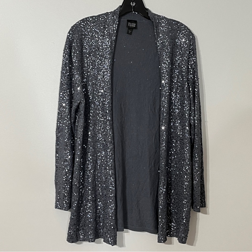 Eileen Fisher Silk Cotton Blend Open Front Metallic Silver Gray Cardigan